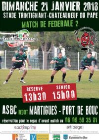 Rugby: ASBC - R.C.MARTIGUES PORT-DE-BOUC. Le dimanche 21 janvier 2018 à Chateauneuf-du-pape. Vaucluse.  13H30